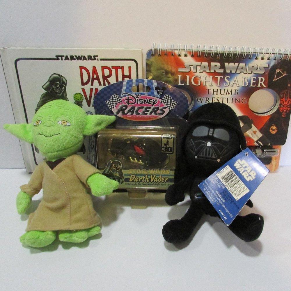 lot of Star Wars Vader and Son book, Thumb Light Sabers, Yoda plush, diecast car